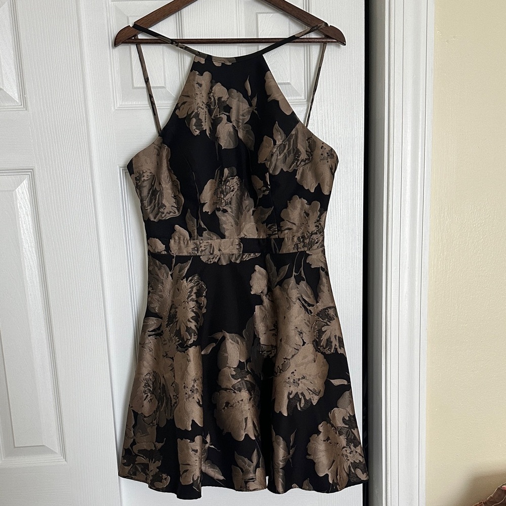 Xscape Black and Gold Floral Mini Dress